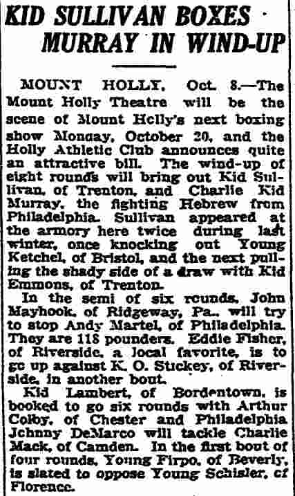 Trenton Evening Times, October 8, 1924 — Kid Sullivan Boxes Murray in Wind-Up