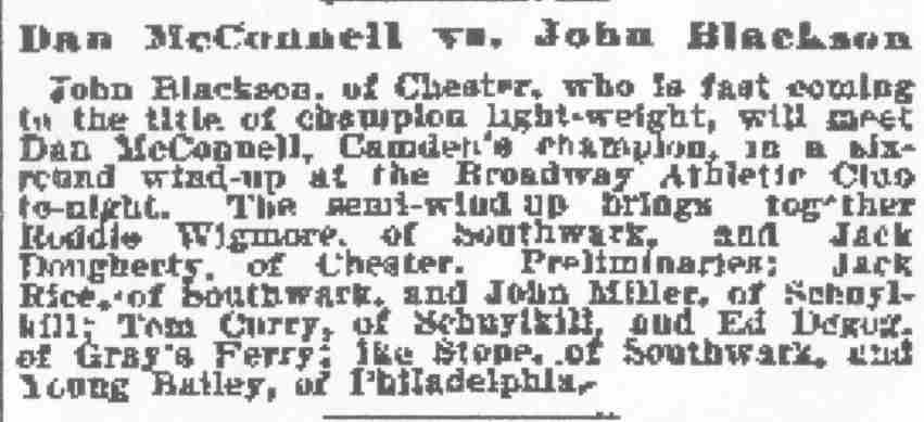 Philadelphia Inquirer, November 27, 1899 — Dan McConnell vs. John Blackson
