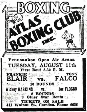 Atlas Boxing Club advertisement — Frankie Blair vs. Tony Falco, Tuesday August 11, Pennsauken Open Air Arena