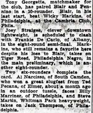 Blair and Pennino Head Fight Card (continued) — Camden Courier-Post, October 8, 1936
