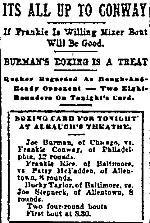 Baltimore Sun, January 24, 1919, Frankie Conway boxing article