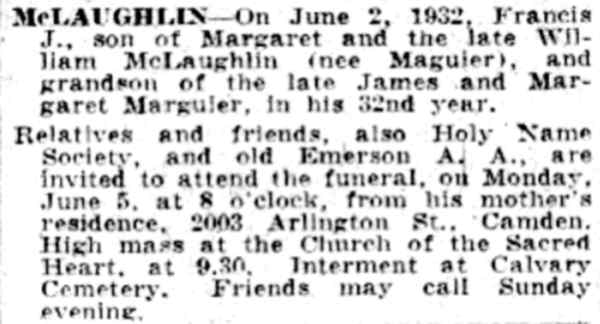 McLaughlin death notice, Philadelphia Inquirer, June 3, 1932