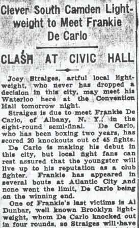 Joey Straiges Faces Keen Test Tomorrow — Camden Courier-Post, October 12, 1936