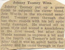 Johnny Toomey Wins — newspaper clipping, 1933 or 1934