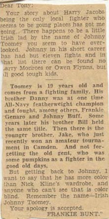 Letter to the editor about Johnny Toomey, 1933 or 1934