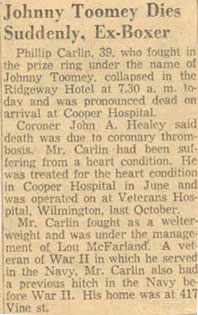 Johnny Toomey Dies Suddenly, Ex-Boxer — death notice