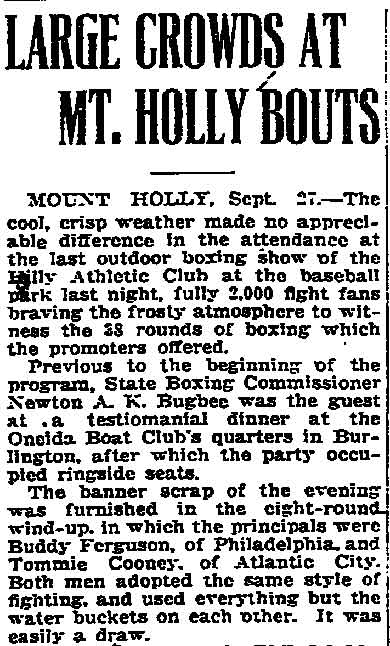 Trenton Evening Times, September 27, 1924 — Large Crowds at Mt. Holly Bouts