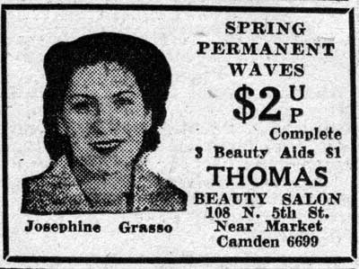 Thomas Beauty Salon advertisement featuring Josephine Grasso — Camden Courier-Post, February 18, 1938