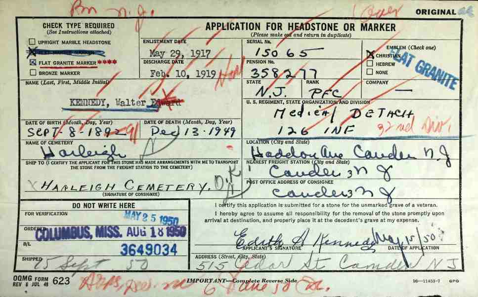 Application for Headstone or Marker for Walter Edward Kennedy, died December 13 1949, Harleigh Cemetery