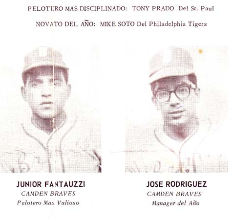 1964 awards: Pelotero Mas Disciplinado Tony Prado, Novato del Año Mike Soto; portraits of Junior Fantauzzi and Jose Rodriguez