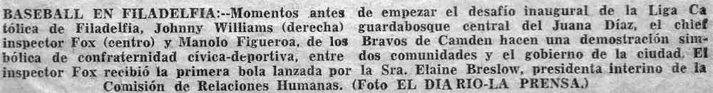 Caption: Baseball en Filadelfia — Johnny Williams, Chief Inspector Fox y Manolo Figueroa