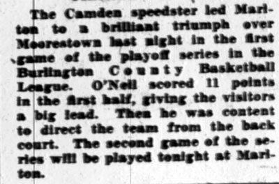 Camden Courier-Post, February 24, 1928, Charley O'Neil leads Marlton over Moorestown