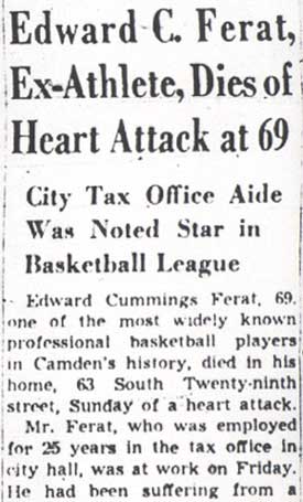 Camden Courier-Post May 7, 1950 — Edward C. Ferat, Ex-Athlete, Dies of Heart Attack at 69