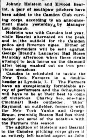 Camden Courier-Post, April 24, 1928 — Holstein to Hurl for Camden Club (part 1)