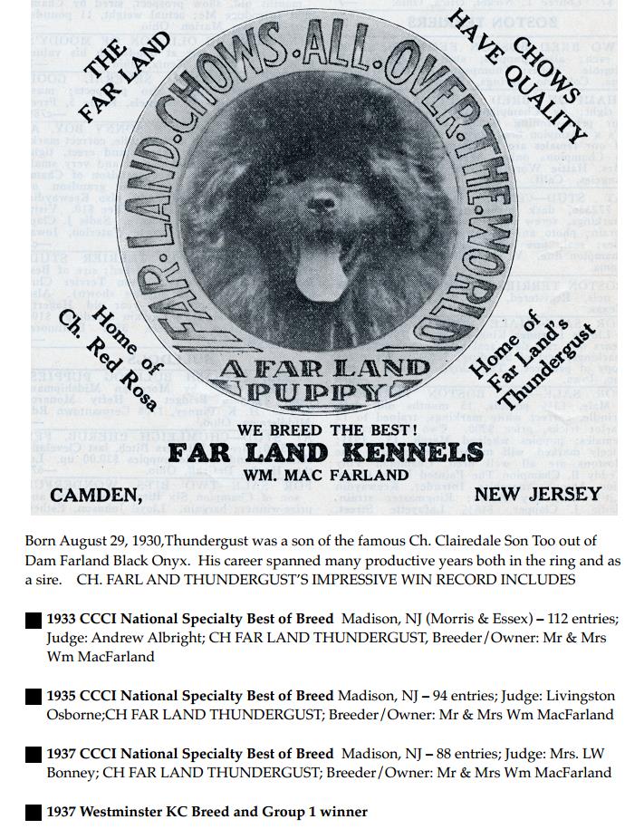 Far Land Kennels advertisement showing win record for Far Land Thundergust, bred by Wm. Mac Farland, Camden, New Jersey