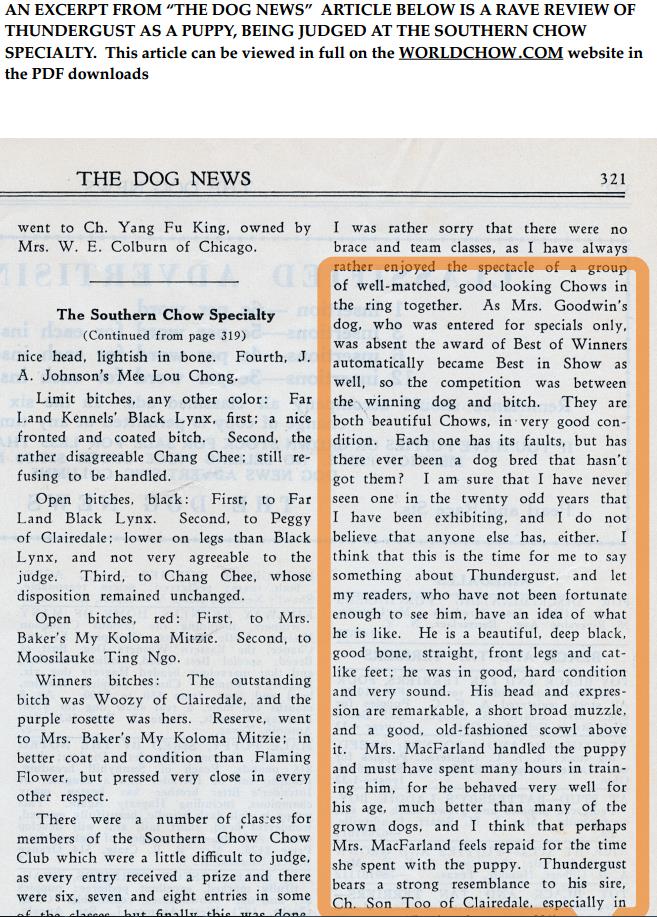 Excerpt from The Dog News reviewing Thundergust as a puppy at the Southern Chow Specialty