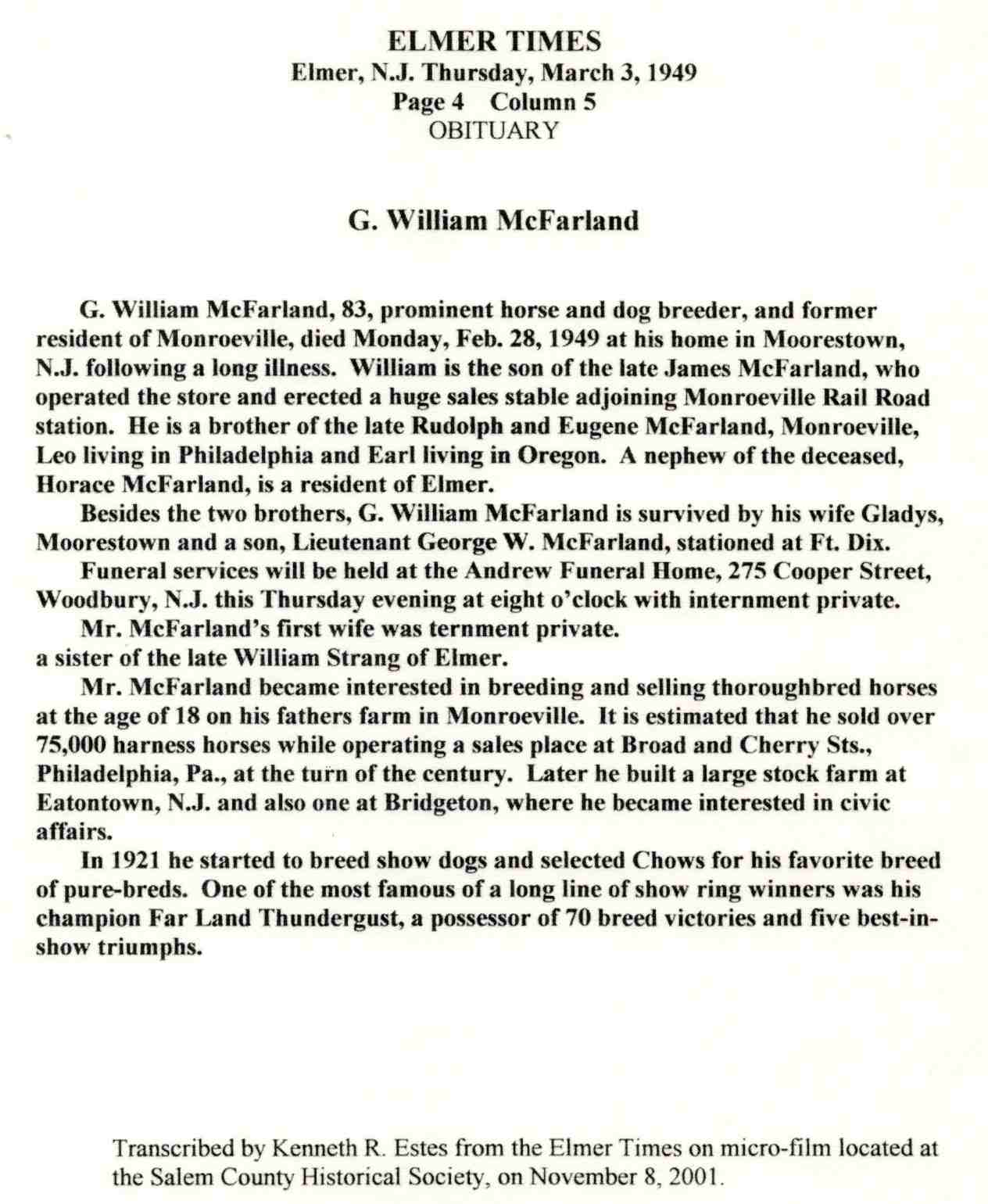 Obituary for G. William McFarland, Elmer Times, March 3, 1949