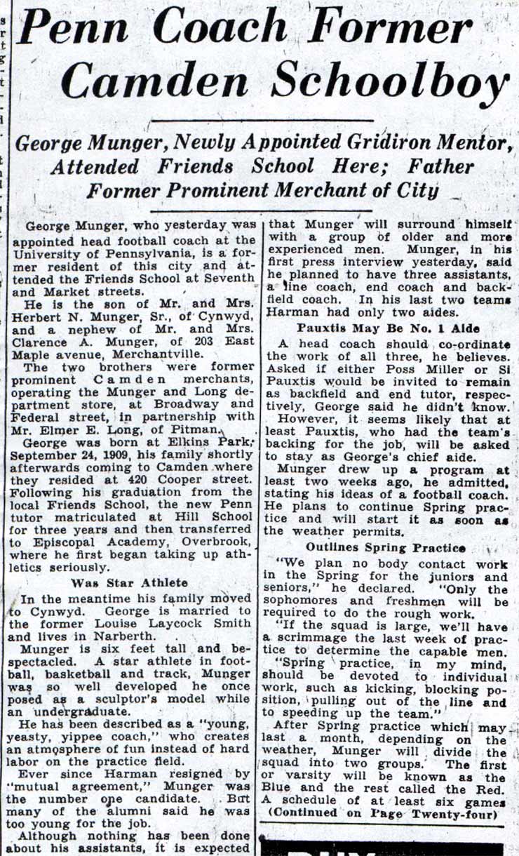 Penn Coach Former Camden Schoolboy — Camden Courier-Post, January 15, 1938