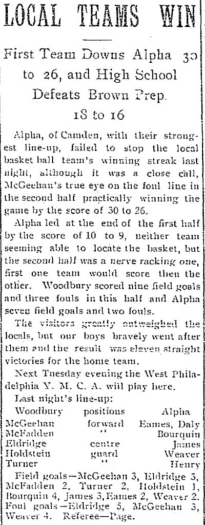 Local Teams Win — Alpha Club vs. Woodbury — Woodbury Daily Times, February 9, 1910