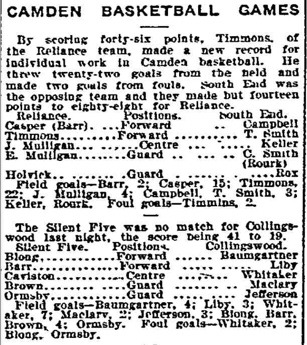 Camden Basketball Games — Philadelphia Inquirer, December 6, 1908, column 1
