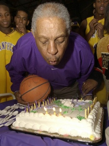 Clarence Turner congratulated by Dr. Roy Dawson after 700th win
