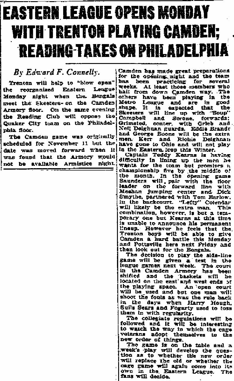 Eastern League Opens Monday With Trenton Playing Camden — Trenton Times, November 5, 1925