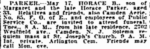 Philadelphia Inquirer death notice for Horace B. Parker Jr., May 19, 1919