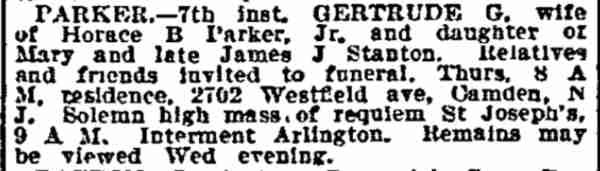 Philadelphia Inquirer obituary notice for Gertrude G. Parker, July 9, 1913