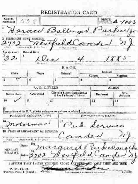 World War I draft registration card for Horace B. Parker Jr., 1918 — front