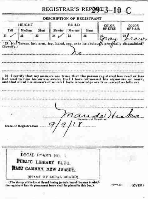 World War I draft registration card for Horace B. Parker Jr., 1918 — reverse