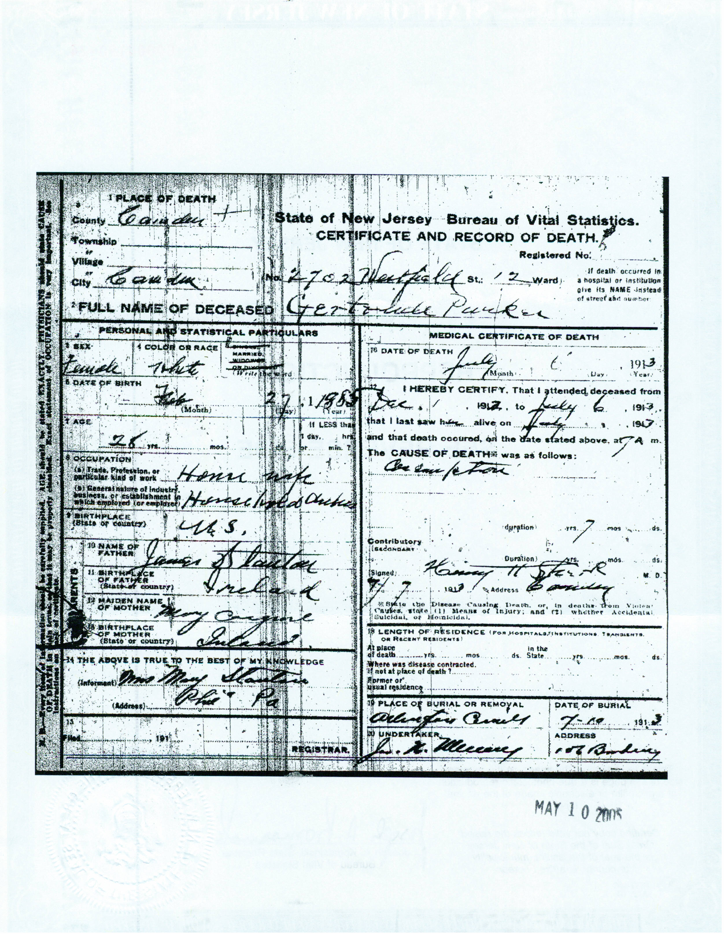 Death certificate of Gertrude G. Parker, 1913