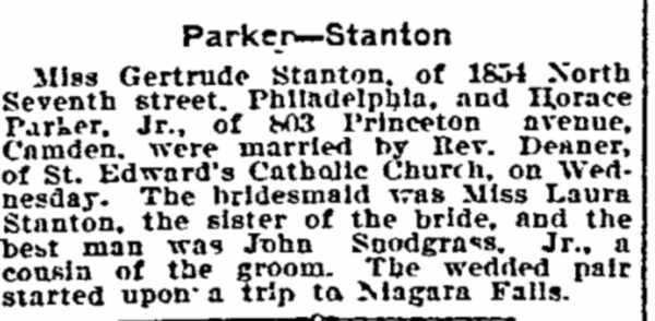 Philadelphia Inquirer wedding notice: Parker–Stanton, July 1906