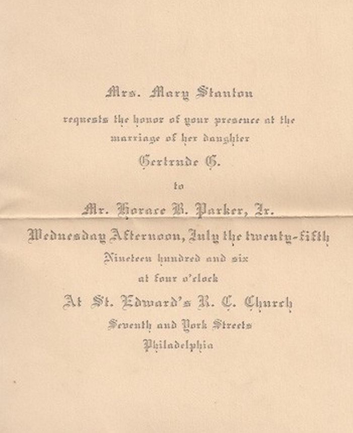 Wedding invitation for Horace B. Parker Jr. and Gertrude Stanton, 1906