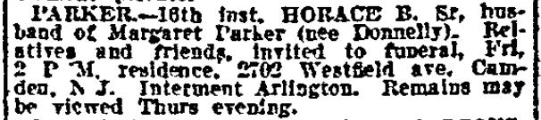Philadelphia Inquirer death notice for Horace B. Parker Sr., January 17, 1912