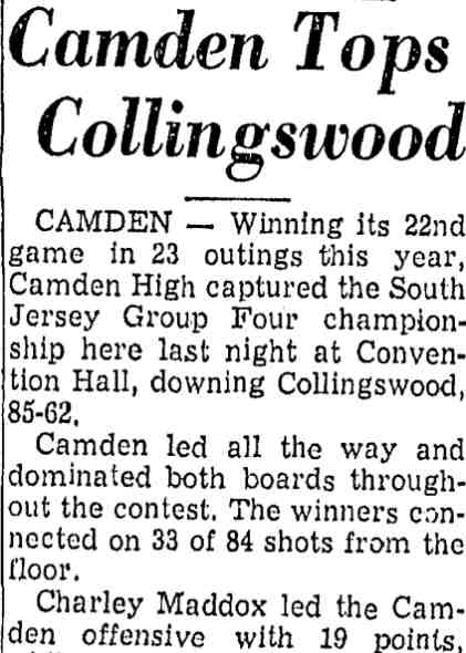 Camden Tops Collingswood, Trenton Evening Times March 12, 1961