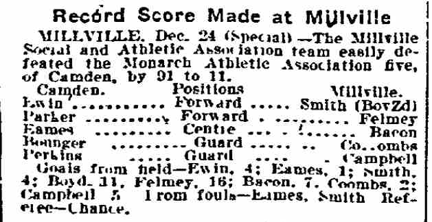 Newspaper clipping: Record Score Made at Millville, December 25, 1904