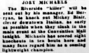Joey Michaels caption, April 27, 1928