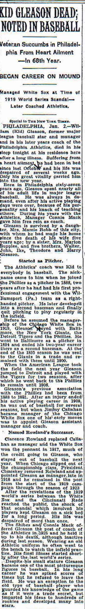 The New York Times obituary for Kid Gleason, January 3, 1933