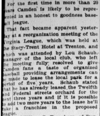Camden Fans Anticipate Advent of League Baseball, January 5, 1928