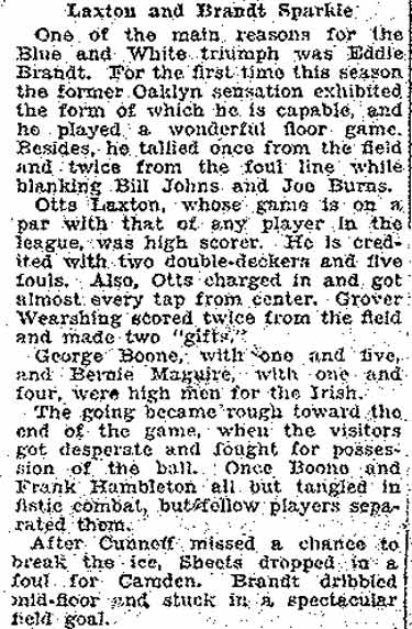 Camden Evening Courier sports article continued, January 24, 1927