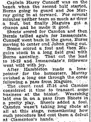 Camden Evening Courier sports article continued, January 24, 1927