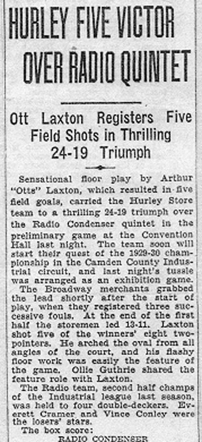 Hurley Five Victor Over Radio Quintet — Camden Courier-Post, Fall 1929