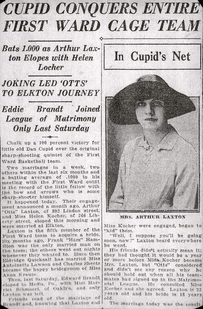 Cupid Conquers Entire First Ward Cage Team — Bats 1,000 as Arthur Laxton Elopes with Helen Kocher, Camden Courier-Post, 1926