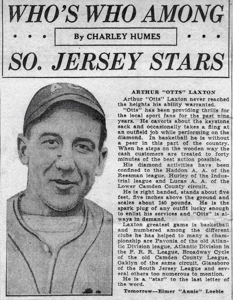 Arthur Otts Laxton — Who's Who Among So. Jersey Stars, Camden Courier-Post, 1930s