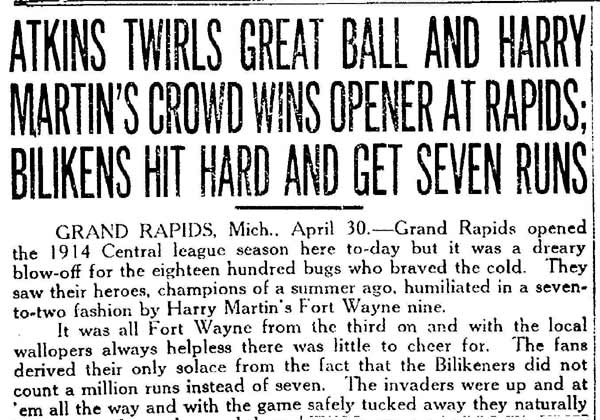 Fort Wayne Journal-Gazette, May 1, 1914 — Atkins Twirls Great Ball headline