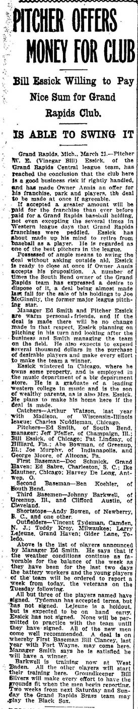 Fort Wayne Sentinel, March 12, 1913 — Pitcher Offers Money for Club