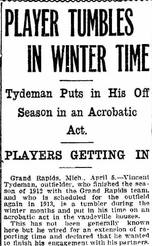 Fort Wayne Sentinel, April 5, 1913 — Player Tumbles in Winter Time, part 1