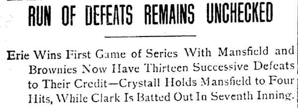 Mansfield Ohio News, July 28, 1911 — Run of Defeats Remains Unchecked headline