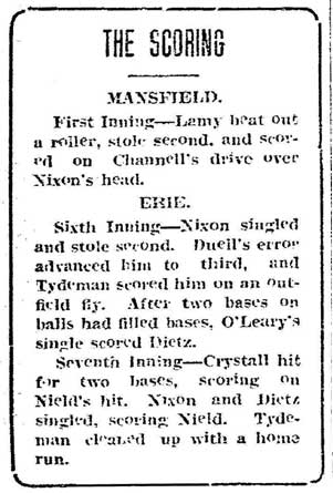 Mansfield Ohio News, July 28, 1911 — scoring summary