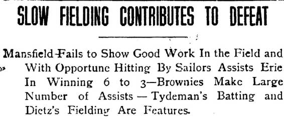 Mansfield Ohio News, July 29, 1911 — Slow Fielding Contributes to Defeat headline